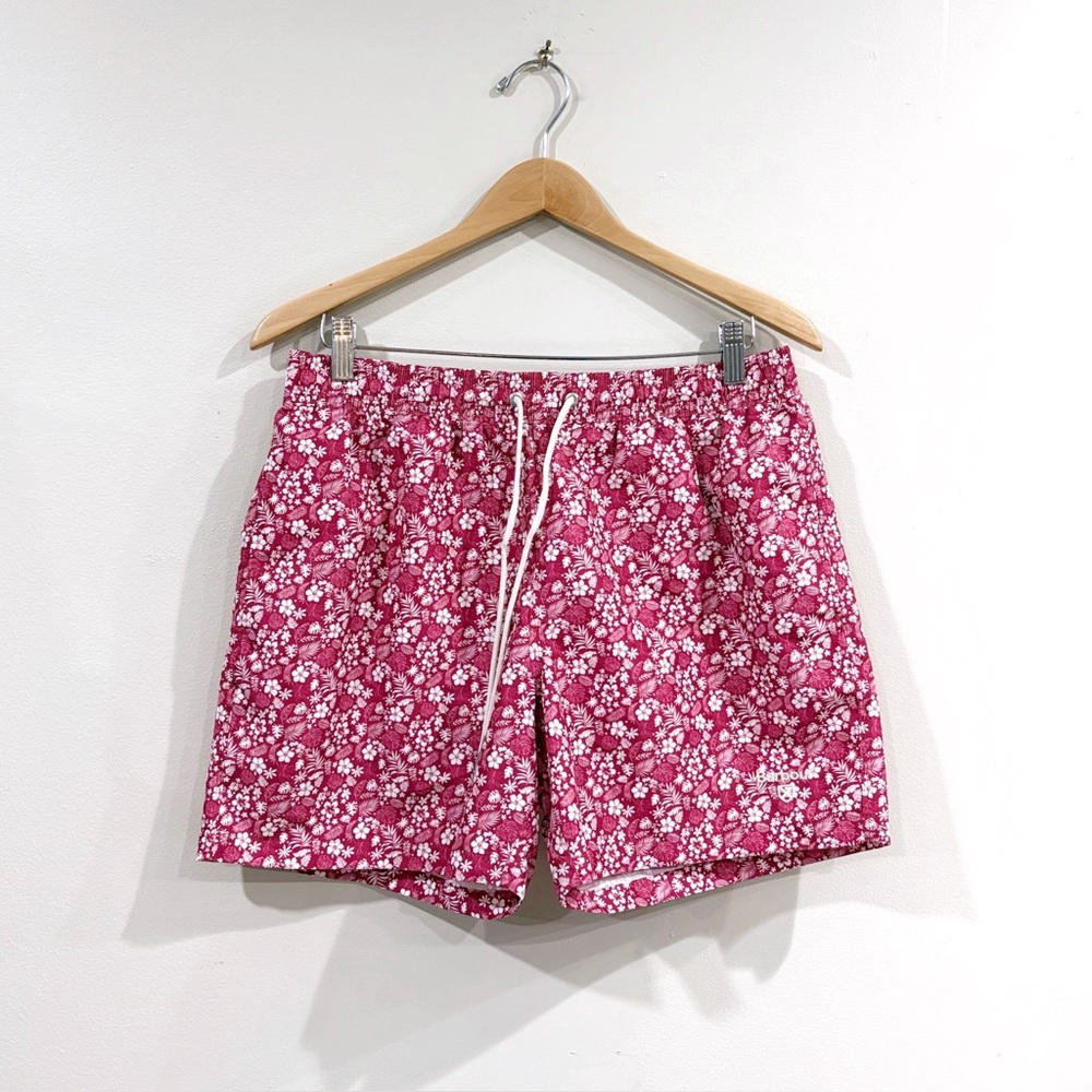 Barbour Men Swim Trunks M Red Pink Floral Mesh Lined Resort Preppy Vacation